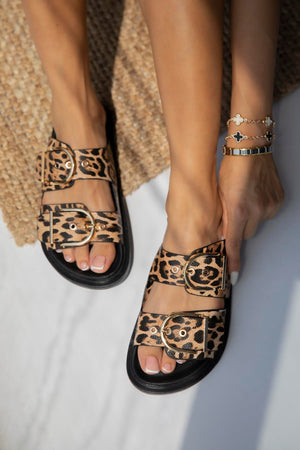 Satin Leopard Slippers with a Buckle