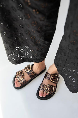 Satin Leopard Slippers with a Buckle