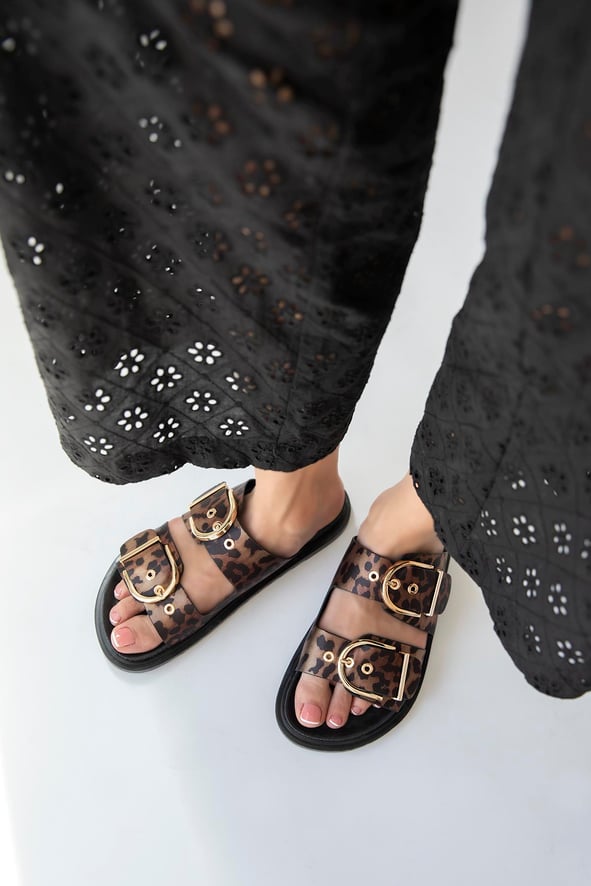 Satin Leopard Slippers with a Buckle