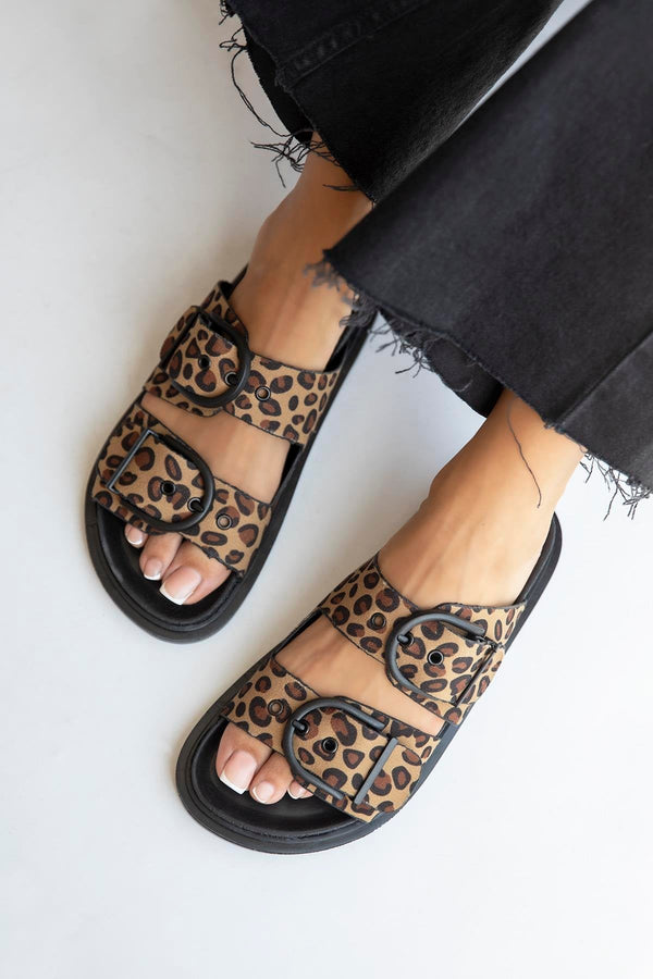 Satin Leopard Slippers with a Buckle