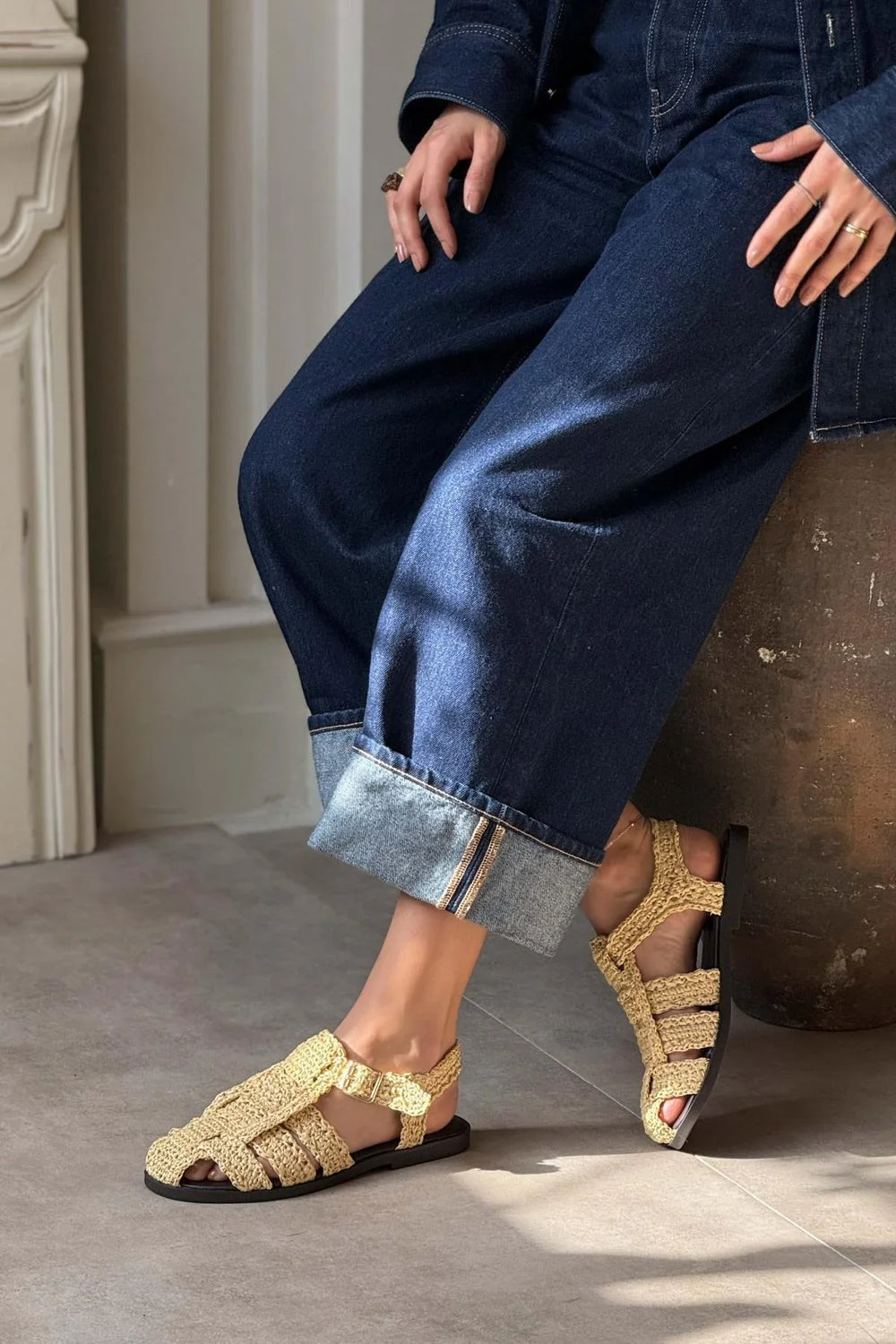 Ramona Straw Knit Detail Flat Sole Sandals